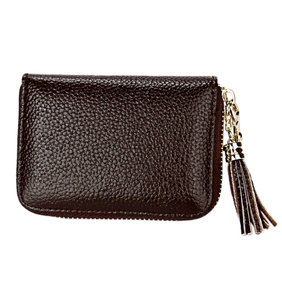 Genuine Cowhide Leather Solid Color Zipper Card Holder Wallet RFID Blocking Card Bag Protect Case Coin Purse with Tassel Pendant & 15 Card Slots for Women, Size: 11.1*7.6*3.5cm(Coffee)