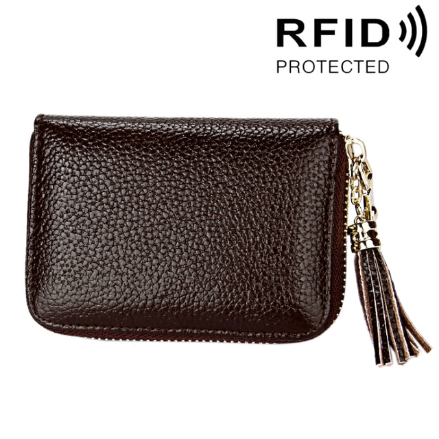 Genuine Cowhide Leather Solid Color Zipper Card Holder Wallet RFID Blocking Card Bag Protect Case Coin Purse with Tassel Pendant & 15 Card Slots for Women, Size: 11.1*7.6*3.5cm(Coffee)