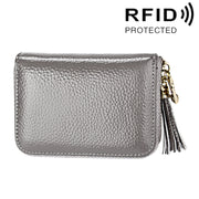 Genuine Cowhide Leather Solid Color Zipper Card Holder Wallet RFID Blocking Card Bag Protect Case Coin Purse with Tassel Pendant & 15 Card Slots for Women, Size: 11.1*7.6*3.5cm(Grey)