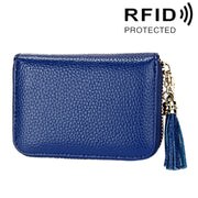 Genuine Cowhide Leather Solid Color Zipper Card Holder Wallet RFID Blocking Card Bag Protect Case Coin Purse with Tassel Pendant & 15 Card Slots for Women, Size: 11.1*7.6*3.5cm(Blue)
