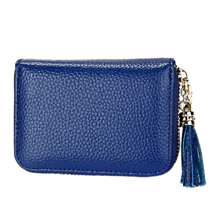 Genuine Cowhide Leather Solid Color Zipper Card Holder Wallet RFID Blocking Card Bag Protect Case Coin Purse with Tassel Pendant & 15 Card Slots for Women, Size: 11.1*7.6*3.5cm(Blue)