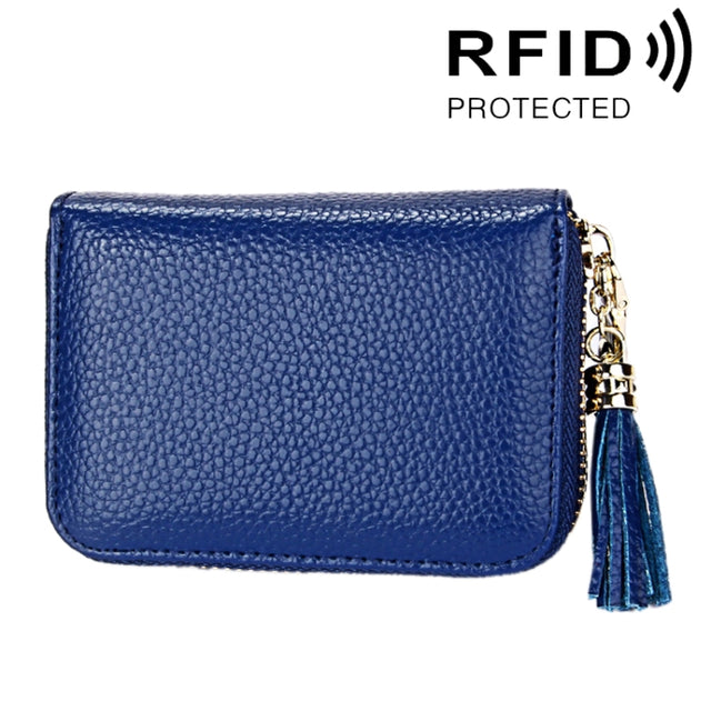 Genuine Cowhide Leather Solid Color Zipper Card Holder Wallet RFID Blocking Card Bag Protect Case Coin Purse with Tassel Pendant & 15 Card Slots for Women, Size: 11.1*7.6*3.5cm(Blue)
