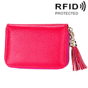 Genuine Cowhide Leather Solid Color Zipper Card Holder Wallet RFID Blocking Card Bag Protect Case Coin Purse with Tassel Pendant & 15 Card Slots for Women, Size: 11.1*7.6*3.5cm(Magenta)