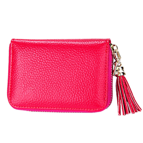 Genuine Cowhide Leather Solid Color Zipper Card Holder Wallet RFID Blocking Card Bag Protect Case Coin Purse with Tassel Pendant & 15 Card Slots for Women, Size: 11.1*7.6*3.5cm(Magenta)