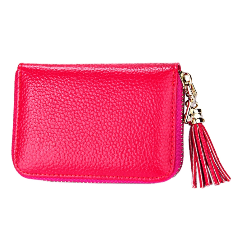 Genuine Cowhide Leather Solid Color Zipper Card Holder Wallet RFID Blocking Card Bag Protect Case Coin Purse with Tassel Pendant & 15 Card Slots for Women, Size: 11.1*7.6*3.5cm(Magenta)