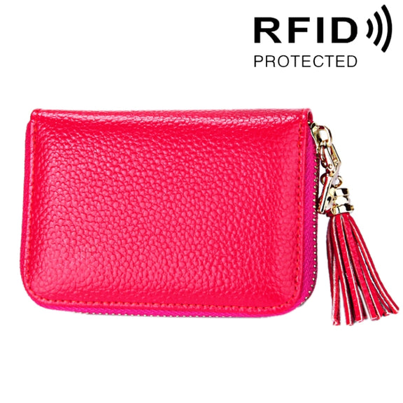 Genuine Cowhide Leather Solid Color Zipper Card Holder Wallet RFID Blocking Card Bag Protect Case Coin Purse with Tassel Pendant & 15 Card Slots for Women, Size: 11.1*7.6*3.5cm(Magenta)