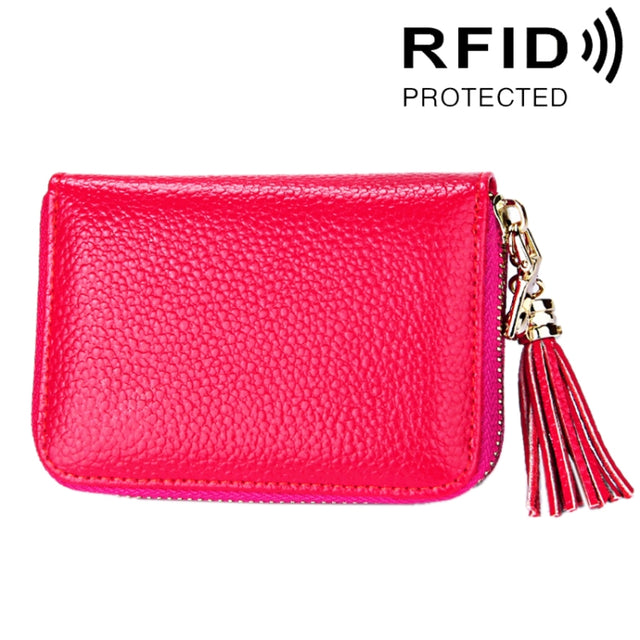 Genuine Cowhide Leather Solid Color Zipper Card Holder Wallet RFID Blocking Card Bag Protect Case Coin Purse with Tassel Pendant & 15 Card Slots for Women, Size: 11.1*7.6*3.5cm(Magenta)