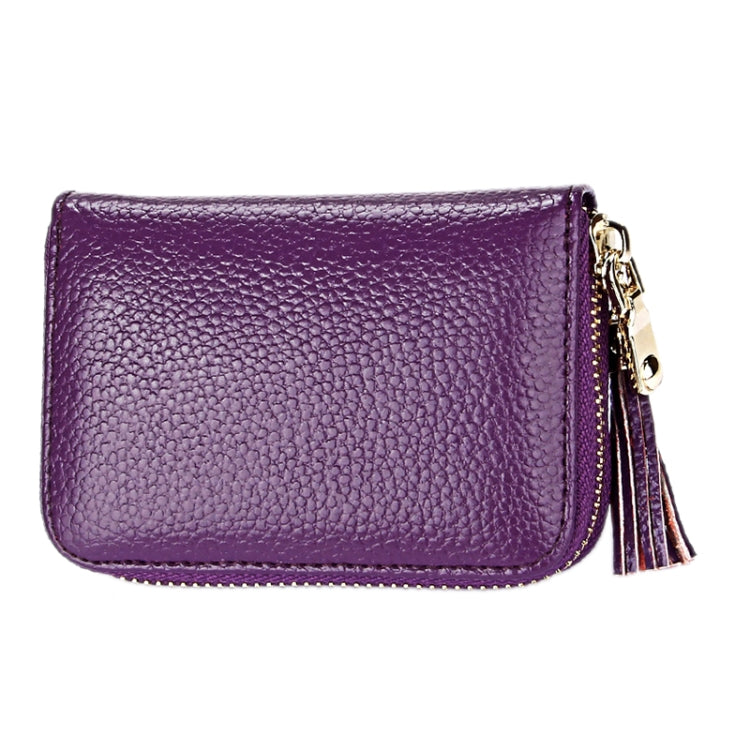 Genuine Cowhide Leather Solid Color Zipper Card Holder Wallet RFID Blocking Card Bag Protect Case Coin Purse with Tassel Pendant & 15 Card Slots for Women, Size: 11.1*7.6*3.5cm(Purple)