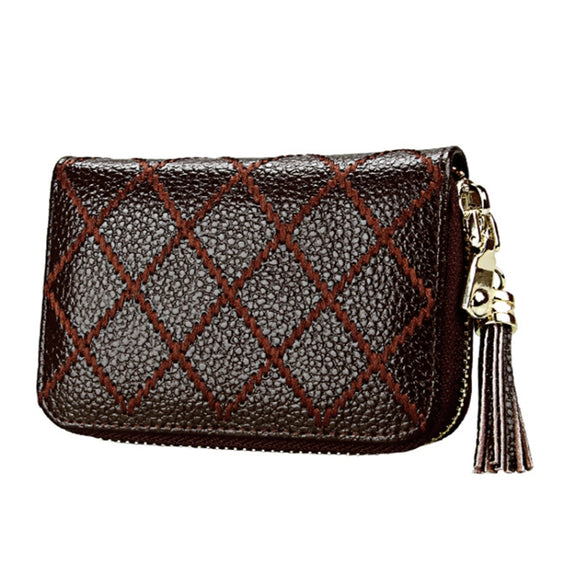 Genuine Cowhide Leather Grid Texture Zipper Card Holder Wallet RFID Blocking Card Bag Protect Case Coin Purse with Tassel Pendant & 15 Card Slots for Women, Size: 11.1*7.9*3.5cm(Coffee)