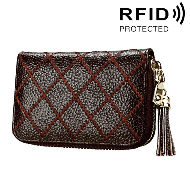Genuine Cowhide Leather Grid Texture Zipper Card Holder Wallet RFID Blocking Card Bag Protect Case Coin Purse with Tassel Pendant & 15 Card Slots for Women, Size: 11.1*7.9*3.5cm(Coffee)