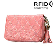 Genuine Cowhide Leather Grid Texture Zipper Card Holder Wallet RFID Blocking Card Bag Protect Case Coin Purse with Tassel Pendant & 15 Card Slots for Women, Size: 11.1*7.9*3.5cm(Pink)