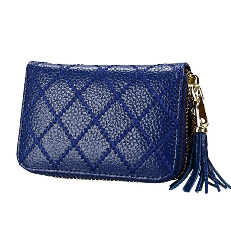 Genuine Cowhide Leather Grid Texture Zipper Card Holder Wallet RFID Blocking Card Bag Protect Case Coin Purse with Tassel Pendant & 15 Card Slots for Women, Size: 11.1*7.9*3.5cm(Blue)
