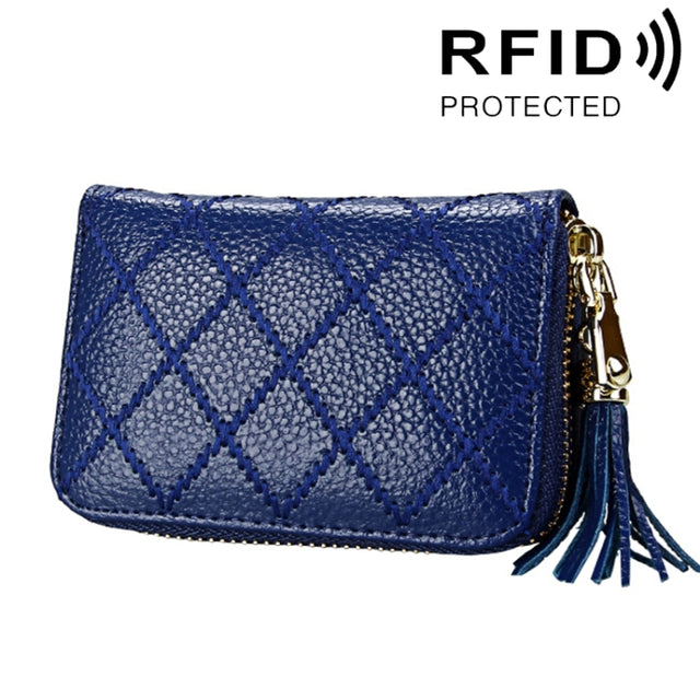Genuine Cowhide Leather Grid Texture Zipper Card Holder Wallet RFID Blocking Card Bag Protect Case Coin Purse with Tassel Pendant & 15 Card Slots for Women, Size: 11.1*7.9*3.5cm(Blue)