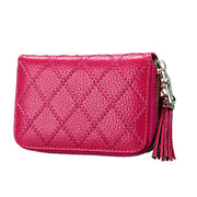 Genuine Cowhide Leather Grid Texture Zipper Card Holder Wallet RFID Blocking Card Bag Protect Case Coin Purse with Tassel Pendant & 15 Card Slots for Women, Size: 11.1*7.9*3.5cm(Magenta)