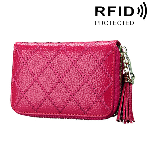 Genuine Cowhide Leather Grid Texture Zipper Card Holder Wallet RFID Blocking Card Bag Protect Case Coin Purse with Tassel Pendant & 15 Card Slots for Women, Size: 11.1*7.9*3.5cm(Magenta)