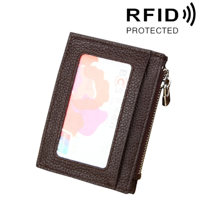 Cowhide Leather Solid Color Zipper Card Holder Wallet RFID Blocking Card Bag Protect Case Coin Purse, Size: 11*8*1.5cm(Coffee)