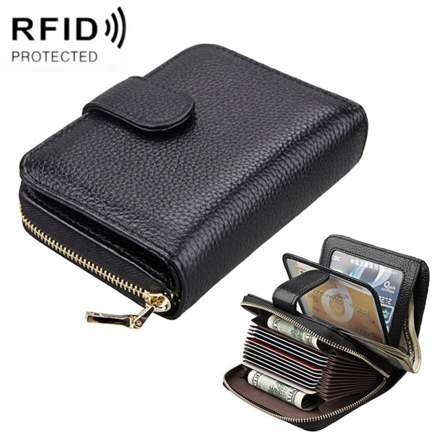 KB132 Female Style Full Grain Cow Leather Multifunctional RFID Wallet/ Card Bag/ Driving License Package(Black)