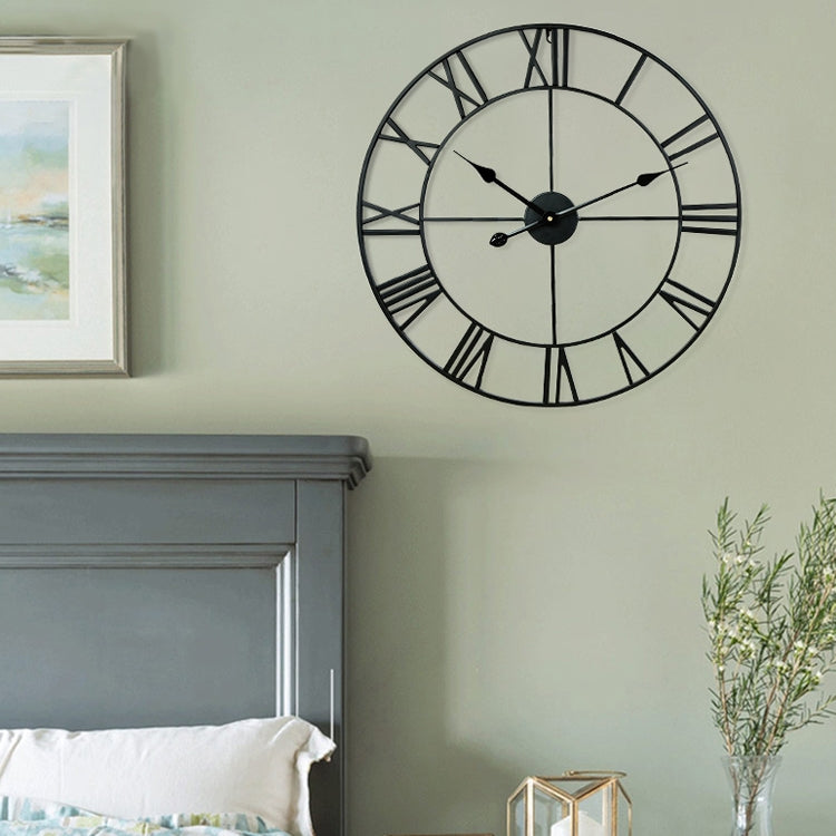50cm Retro Living Room Iron Round Roman Numeral Mute Decorative Wall Clock (Black)
