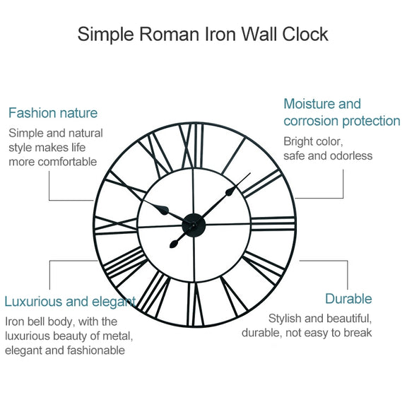 80cm Retro Living Room Iron Round Roman Numeral Mute Decorative Wall Clock (Black)