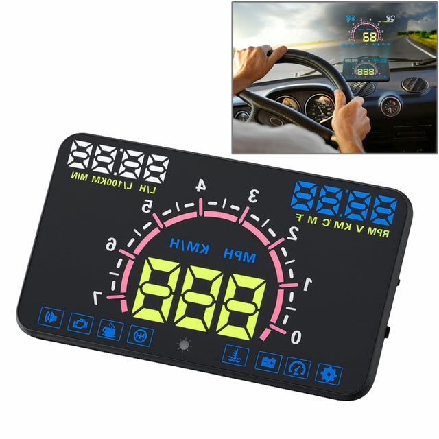 E350 5.8 inch Car HUD / OBD2 Vehicle-mounted Gator Automotive Head Up Display Security System with Multi-color LED, Support Car Real Speed & Turn Speed & Water Temperature & Oil Consumption & Driving  ... peed Alarm, Mile Switching, Light Sensor Functions