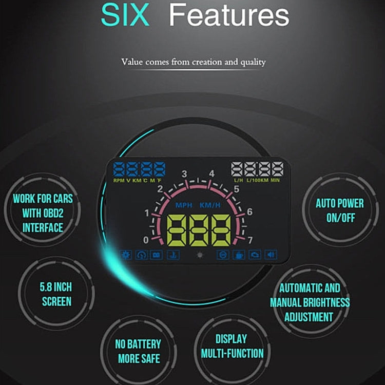 E350 5.8 inch Car HUD / OBD2 Vehicle-mounted Gator Automotive Head Up Display Security System with Multi-color LED, Support Car Real Speed & Turn Speed & Water Temperature & Oil Consumption & Driving  ... peed Alarm, Mile Switching, Light Sensor Functions - Head Up Display System by PMC TechLife | Online Shopping South Africa | PMC TechLife | Buy Now Pay Later Mobicred