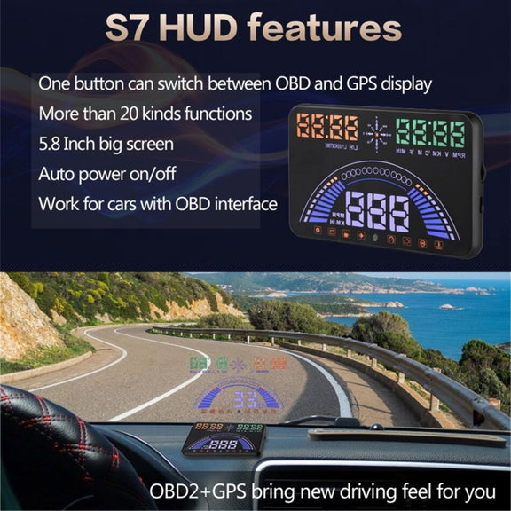 S7 5.8 inch Car GPS HUD / OBD2 Vehicle-mounted Gator Automotive Head Up Display Security System with Dual Display, Support Car Local Real Time & Real Speed & Turn Speed & Water Temperature & Oil Consu ... peed Alarm, Mile Switching, Light Sensor Functions