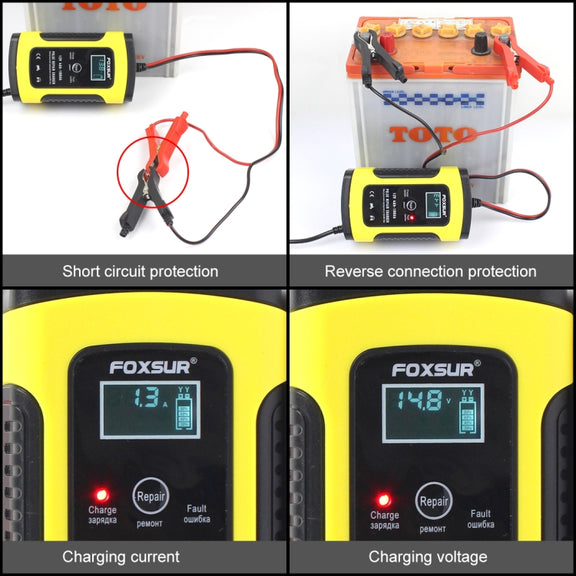 FOXSUR 12V 6A Intelligent Universal Battery Charger for Car Motorcycle, Length: 55cm, US Plug(Yellow)