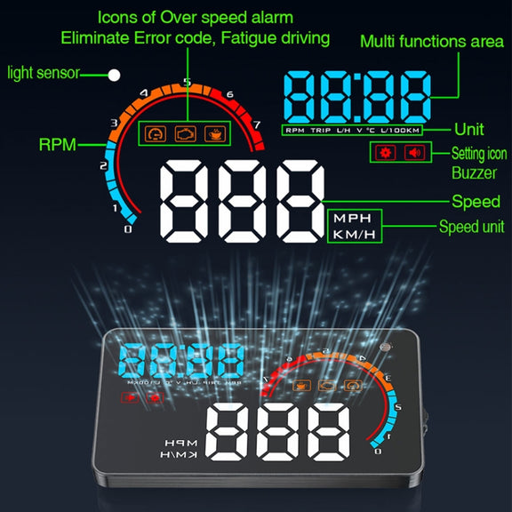 D2500 OBD2+GPS 4 inch Vehicle-mounted Head Up Display Security System, Support Car Speed / Engine Revolving Speed Display / Water Temperature / Battery Voltage / Running Speed & Direction & Distance