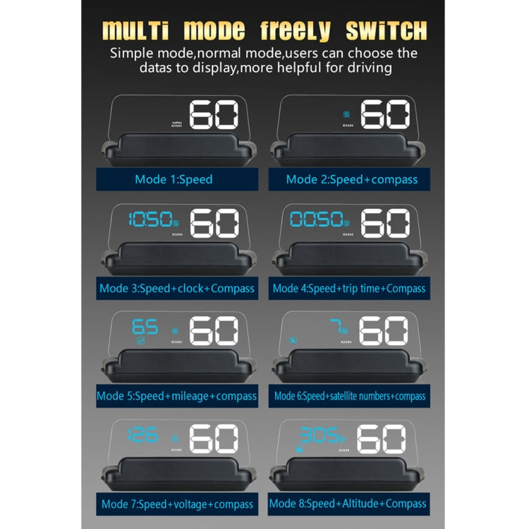 T900 Car GPS HUD Virtual HD Reflection Board Head-up Display, Speed & Driving Distance / Time Display, Over Speed & Voltage & Low Voltage Alarm, Fatigue Driving