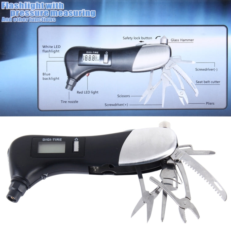 9 in 1 Digital Tire Pressure Gauge Multi-function Safety Hammer with Swiss Style Army Knife, Flashlight and Red Safety Light, Outdoor Tool Kit - free shipping - PMC TechLife - Order now!