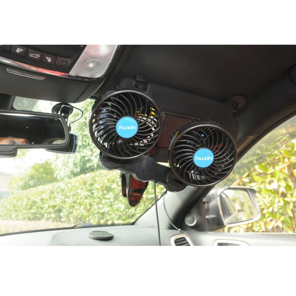 HUXIN HX-T605E 7W 360 Degree Adjustable Rotation Clip Two Head Low Noise Mini Electric Car Fan with Roller Switch, DC12V