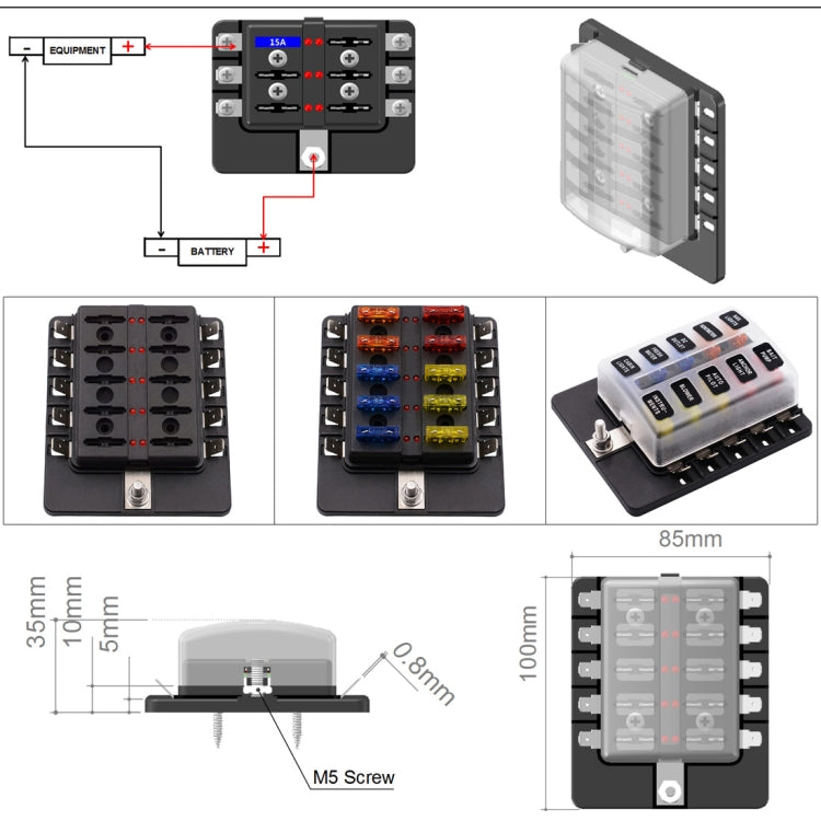 1 in 10 Out Fuse Box PC Terminal Block Fuse Holder Kits with LED Warning Indicator for Auto Car Truck Boat - Fuse by PMC TechLife | Online Shopping South Africa | PMC TechLife | Buy Now Pay Later Mobicred