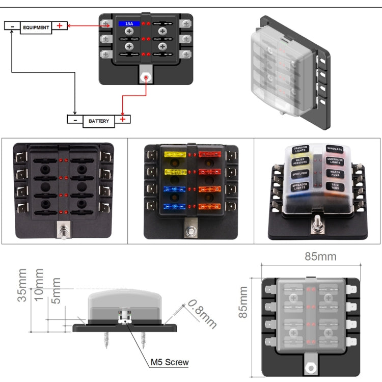 1 in 8 Out Fuse Box PC Terminal Block Fuse Holder Kits with LED Warning Indicator for Auto Car Truck Boat - Fuse by PMC TechLife | Online Shopping South Africa | PMC TechLife | Buy Now Pay Later Mobicred