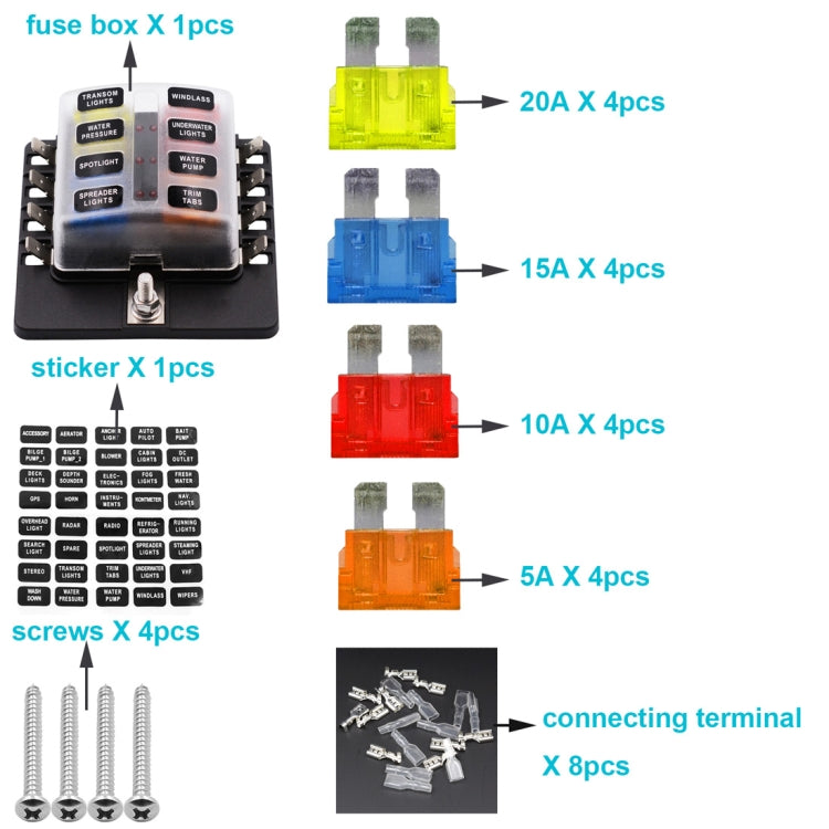 1 in 8 Out Fuse Box PC Terminal Block Fuse Holder Kits with LED Warning Indicator for Auto Car Truck Boat - Fuse by PMC TechLife | Online Shopping South Africa | PMC TechLife | Buy Now Pay Later Mobicred