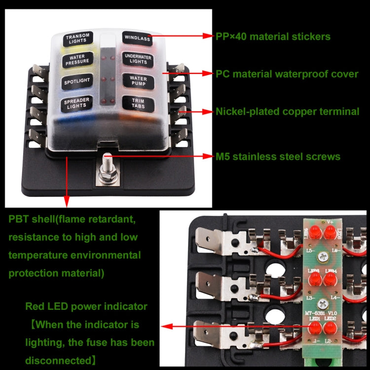 1 in 8 Out Fuse Box PC Terminal Block Fuse Holder Kits with LED Warning Indicator for Auto Car Truck Boat - Fuse by PMC TechLife | Online Shopping South Africa | PMC TechLife | Buy Now Pay Later Mobicred