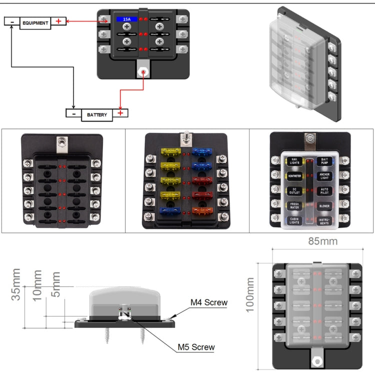 1 in 10 Out Fuse Box Screw Terminal Section Fuse Holder Kits with LED Warning Indicator for Auto Car Truck Boat - Fuse by PMC TechLife | Online Shopping South Africa | PMC TechLife | Buy Now Pay Later Mobicred