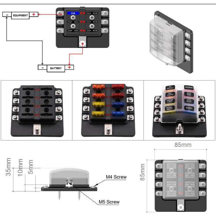 1 in 8 Out Fuse Box Screw Terminal Section Fuse Holder Kits with LED Warning Indicator for Auto Car Truck Boat - Fuse by PMC TechLife | Online Shopping South Africa | PMC TechLife | Buy Now Pay Later Mobicred