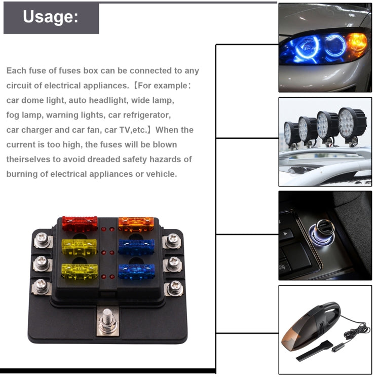 1 in 6 Out 6 Way Circuit Fuse Box Screw Terminal Section Fuse Holder Kits with LED Warning Indicator for Auto Car Truck Boat - free shipping - PMC TechLife - Order now!