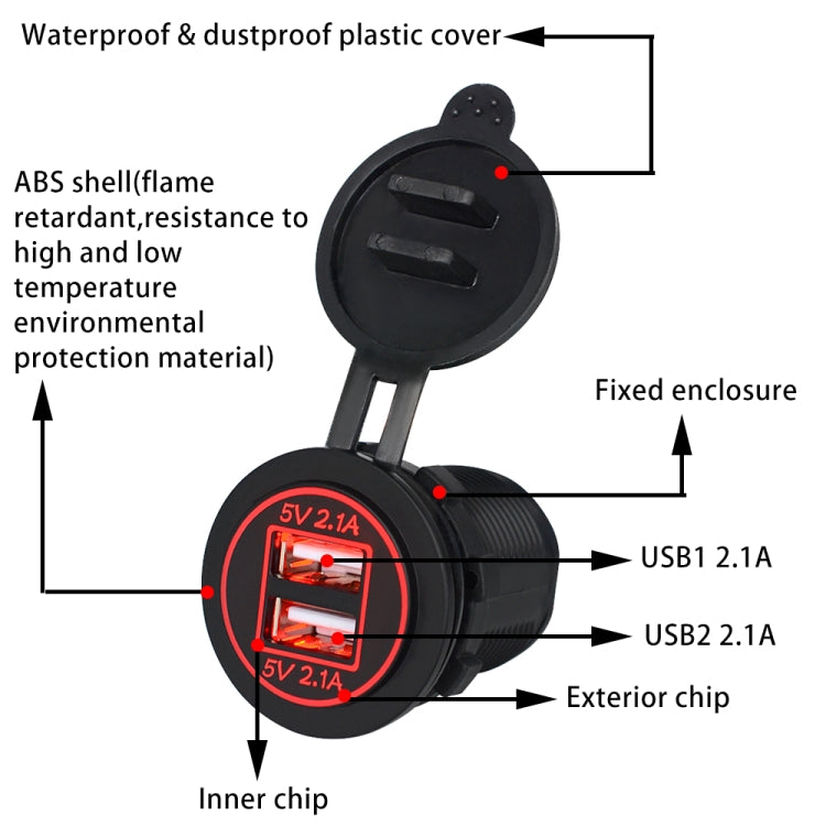 Universal Car Charger 2 Port Power Socket Power Dual USB Charger 5V 4.2A IP66 with Aperture(Red Light) - DIY Modified Charger by PMC TechLife | Online Shopping South Africa | PMC TechLife | Buy Now Pay Later Mobicred