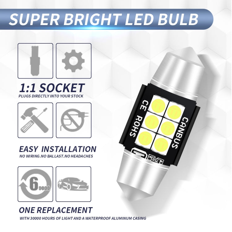 2 PCS 31mm DC12V-24V 3W 6000K 660LM 6LEDs SMD-3030 Car Reading Lamp / License Plate Light - free shipping - PMC TechLife - Order now!