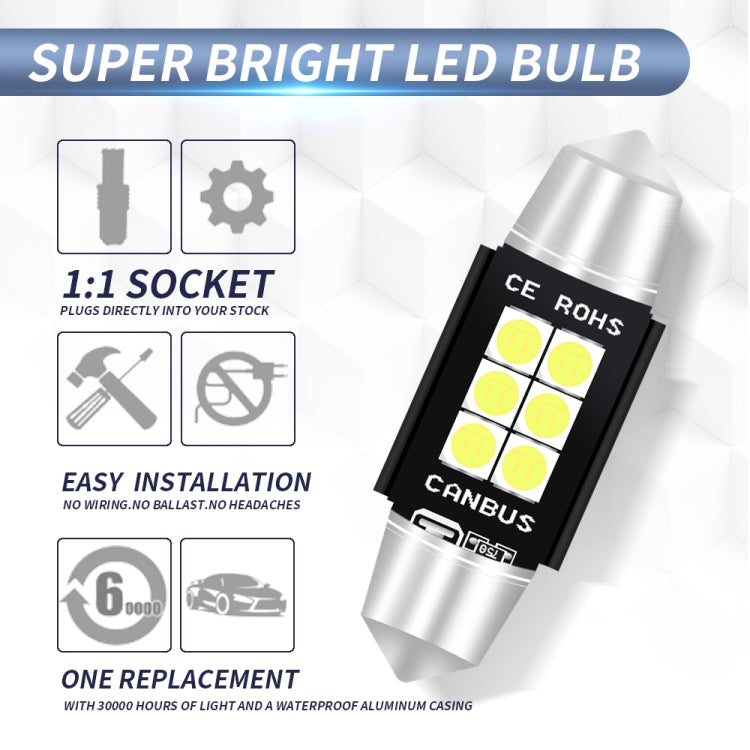 2 PCS 39mm DC12V-24V 3W 6000K 660LM 6LEDs SMD-3030 Car Reading Lamp / License Plate Light - free shipping - PMC TechLife - Order now!