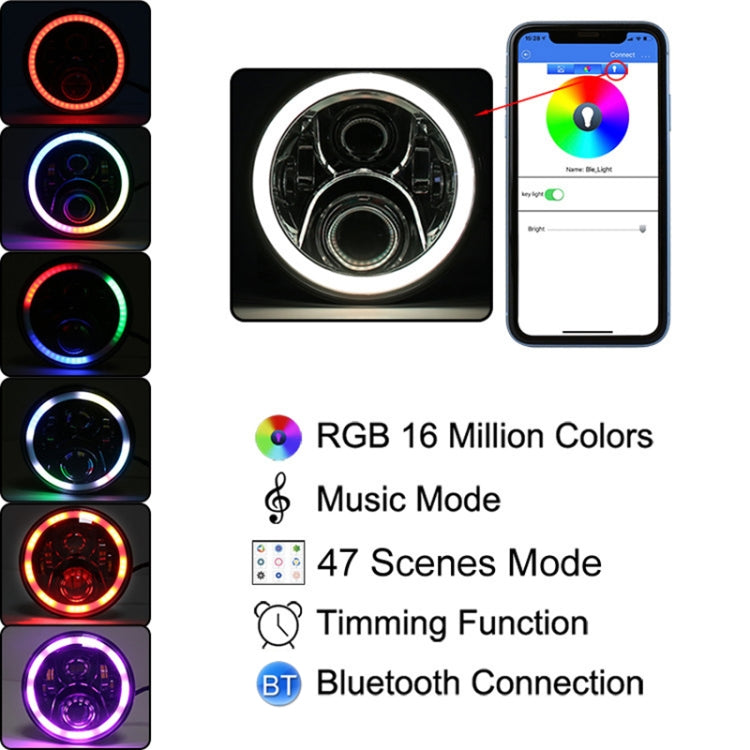 2 PCS 7 inch DC12V 6000K-6500K 50W Car LED Headlight Lamp Beads for Jeep Wrangler / Harley, Support APP + Bluetooth Control(Black)