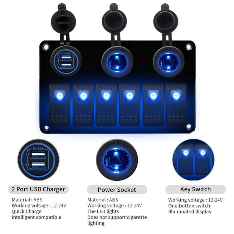 Multi-functional Combination Switch Panel 12V / 24V 6 Way Switches + Dual USB Charger for Car RV Marine Boat (Blue Light) - Car Switches by PMC TechLife | Online Shopping South Africa | PMC TechLife | Buy Now Pay Later Mobicred