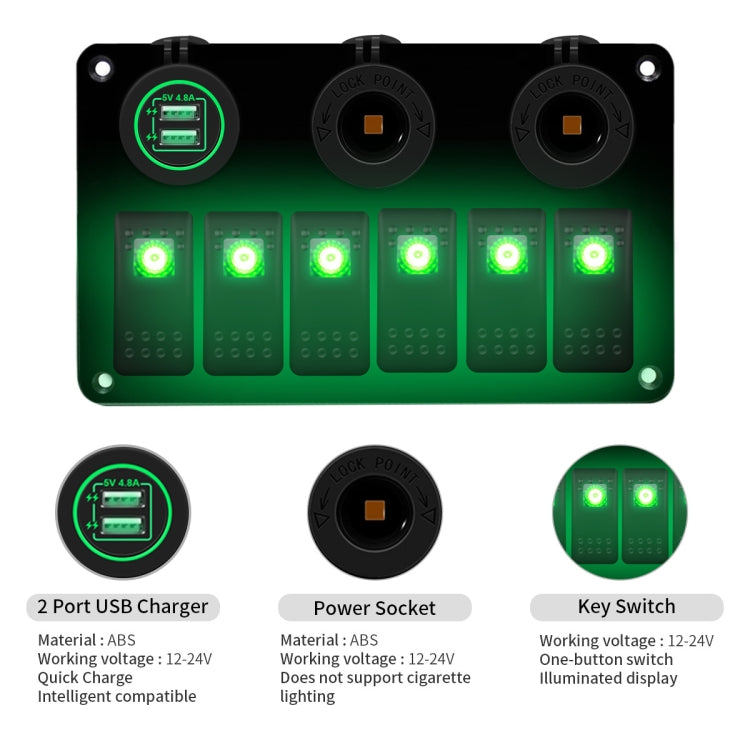 Multi-functional Combination Switch Panel 12V / 24V 6 Way Switches + Dual USB Charger for Car RV Marine Boat (Green Light) - Car Switches by PMC TechLife | Online Shopping South Africa | PMC TechLife | Buy Now Pay Later Mobicred