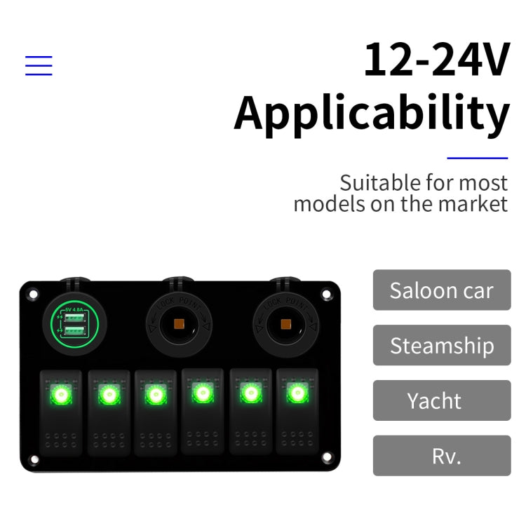 Multi-functional Combination Switch Panel 12V / 24V 6 Way Switches + Dual USB Charger for Car RV Marine Boat (Green Light)