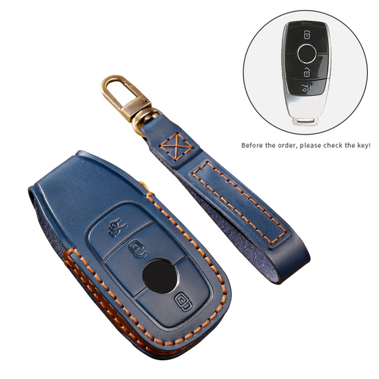 Hallmo Car Cowhide Leather Key Protective Cover Key Case for New Mercedes-Benz E300L(Blue)