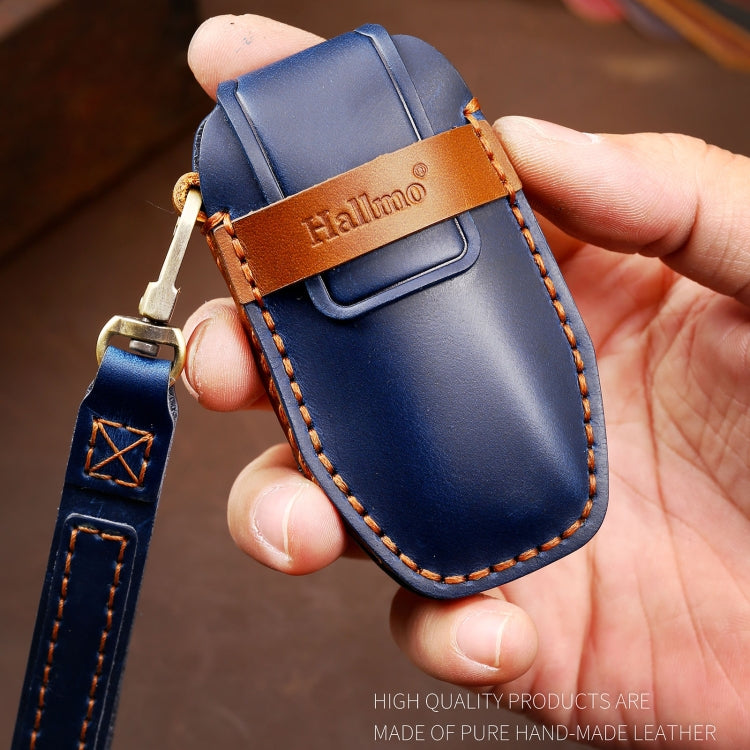 Hallmo Car Cowhide Leather Key Protective Cover Key Case for BYD(Blue) - Car Key Cases by Hallmo | Online Shopping South Africa | PMC TechLife | Buy Now Pay Later Mobicred