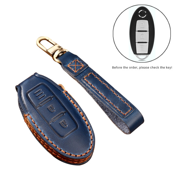 Hallmo Car Cowhide Leather Key Protective Cover Key Case for Nissan Sylphy 2-button(Blue)