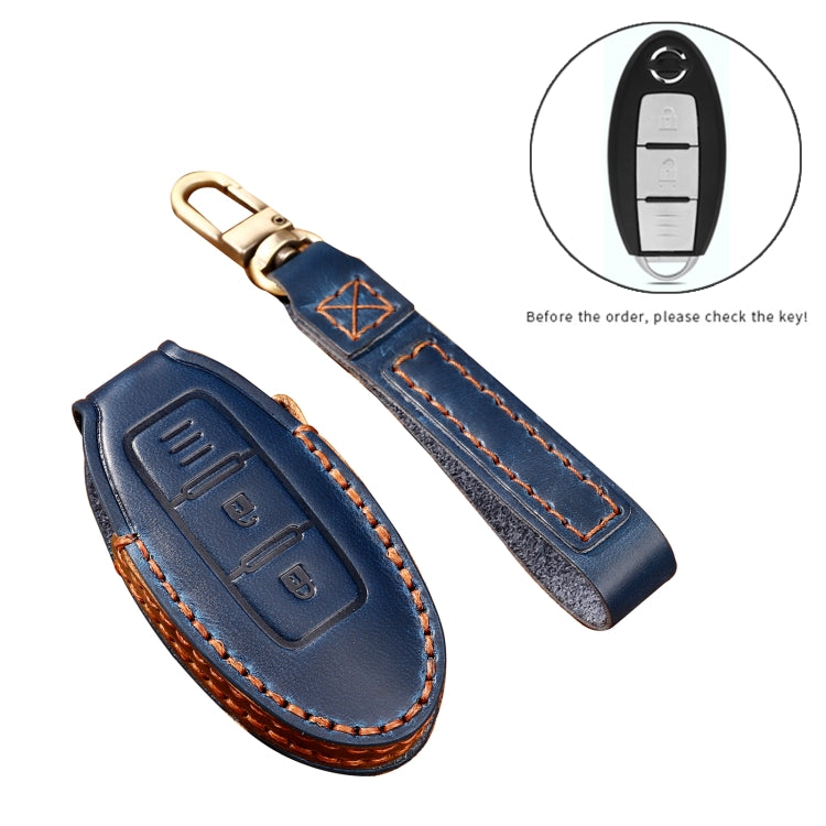 Hallmo Car Cowhide Leather Key Protective Cover Key Case for Nissan Sylphy 2-button(Blue)