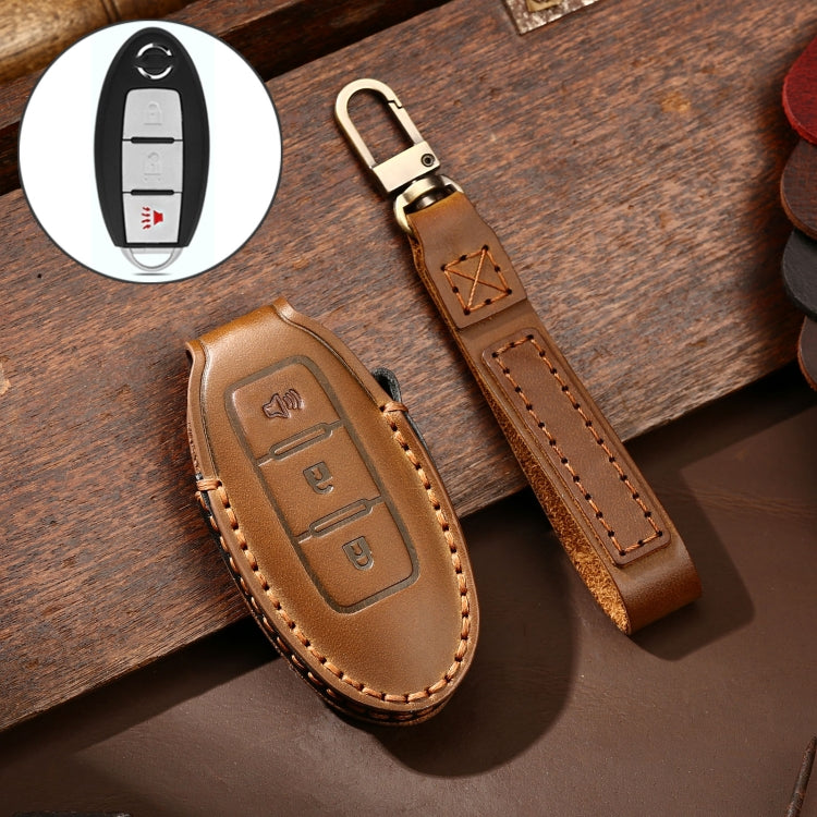 Hallmo Car Cowhide Leather Key Protective Cover Key Case for Nissan Sylphy 3-button Horn(Brown) - Car Key Cases by Hallmo | Online Shopping South Africa | PMC TechLife | Buy Now Pay Later Mobicred